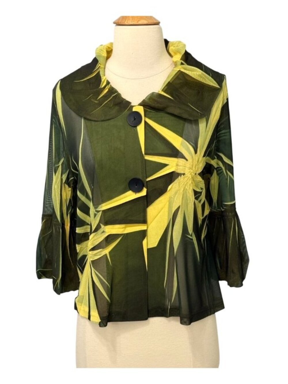 Damee Inc. Women's Jacket Topper 2-Button Floral Sheer Green Yellow Artsy Size M